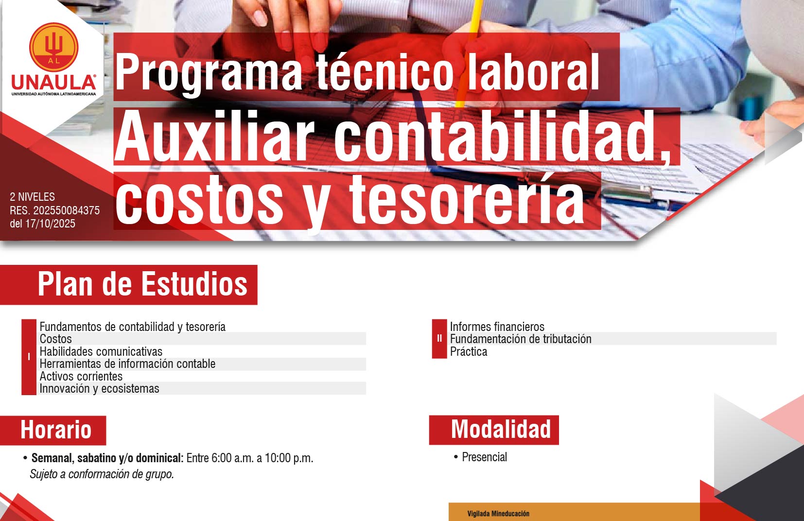 Plan de Estudios Técnica  Auxiliar contabilidad, costos y tesorería